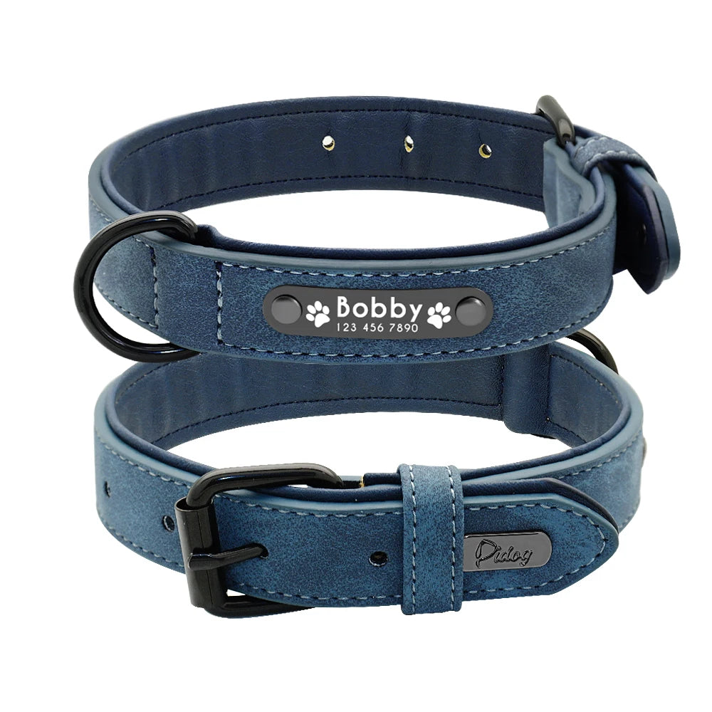 Gepersonaliseerde hondenhalsband van imitatieleer - gegraveerd naamplaatje, optionele riem, S - XXL