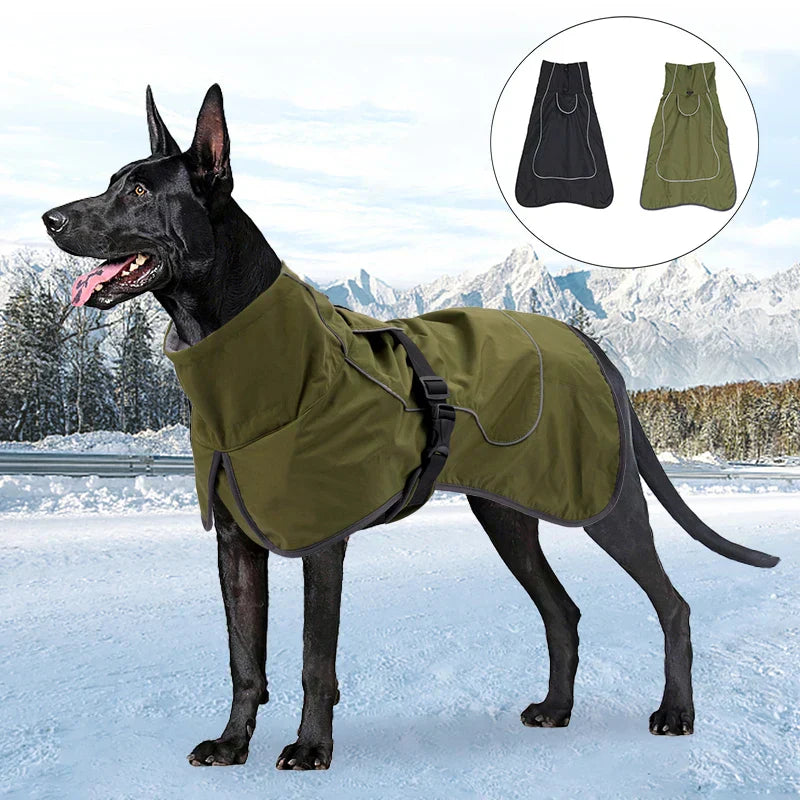 Large Breed Winter Dog Coat - Waterproof, fleece-lined, reflective vest for large dogs like Dobermans and Greyhounds, in black and dark green.