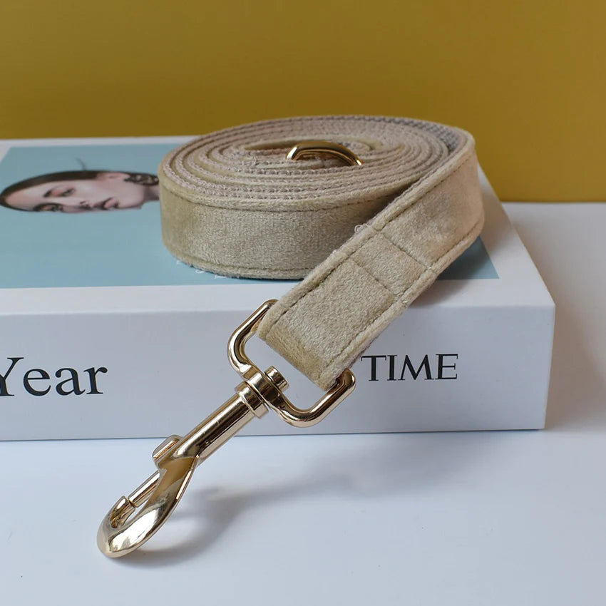 Light Beige Velvet Dog Collar – Personalised with Optional Set