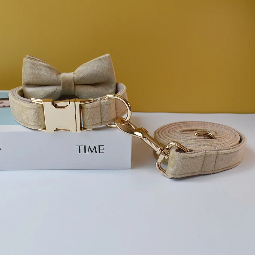 Light Beige Velvet Dog Collar – Personalised with Optional Set