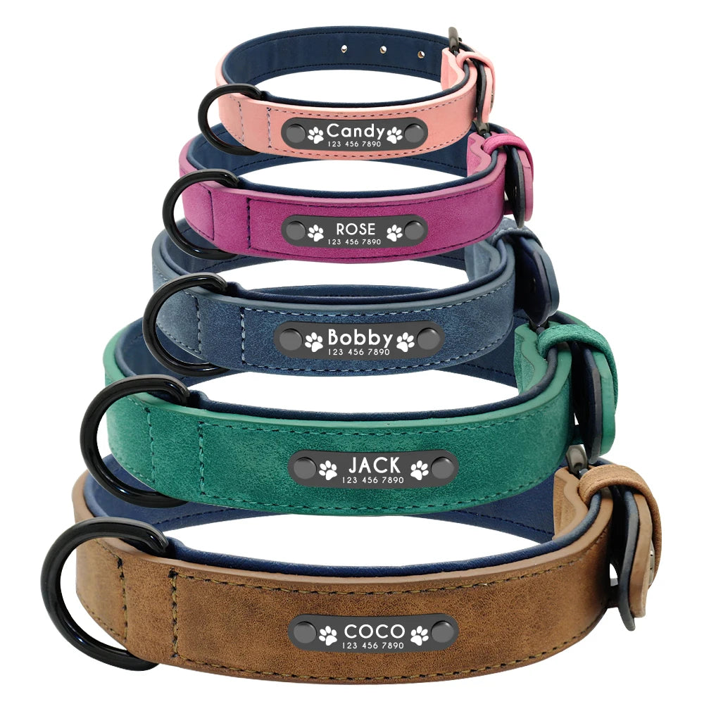 Gepersonaliseerde hondenhalsband van imitatieleer - gegraveerd naamplaatje, optionele riem, S - XXL