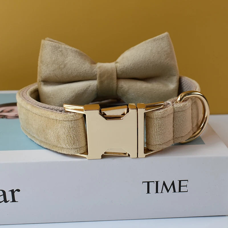 Light Beige Velvet Dog Collar – Personalised with Optional Set