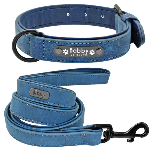 Personalised Faux Leather Dog Collar - Engraved Nameplate, Optional Lead, S - XXL