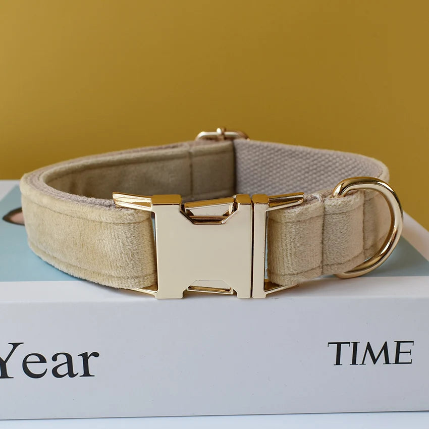 Light Beige Velvet Dog Collar – Personalised with Optional Set