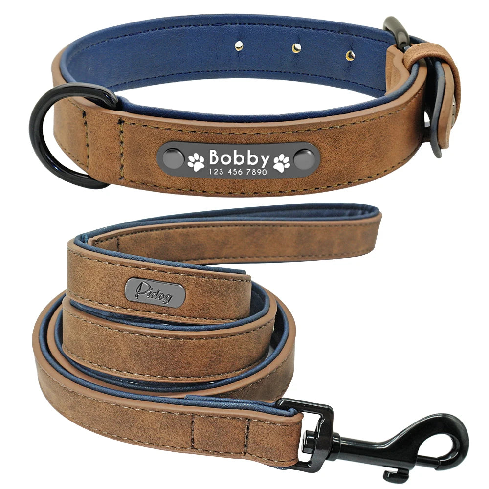 Gepersonaliseerde hondenhalsband van imitatieleer - gegraveerd naamplaatje, optionele riem, S - XXL