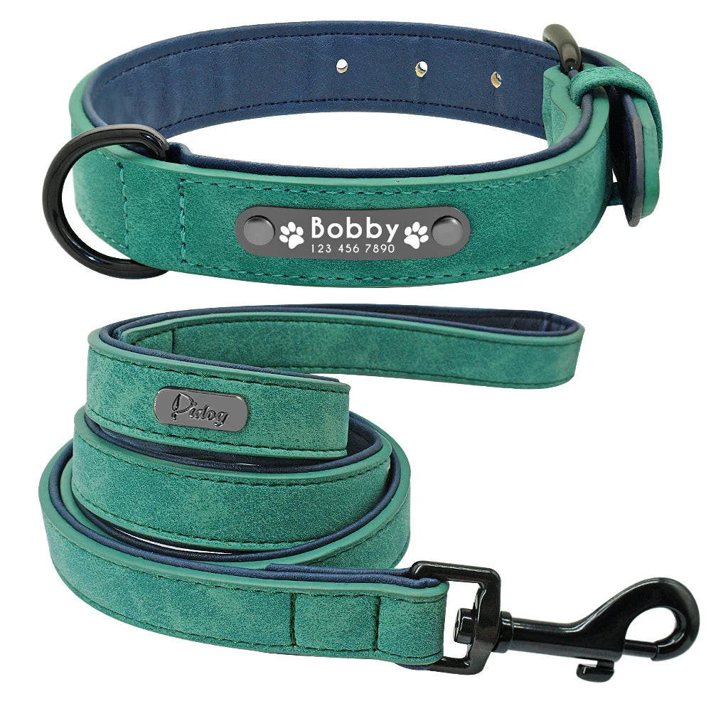 Gepersonaliseerde hondenhalsband van imitatieleer - gegraveerd naamplaatje, optionele riem, S - XXL