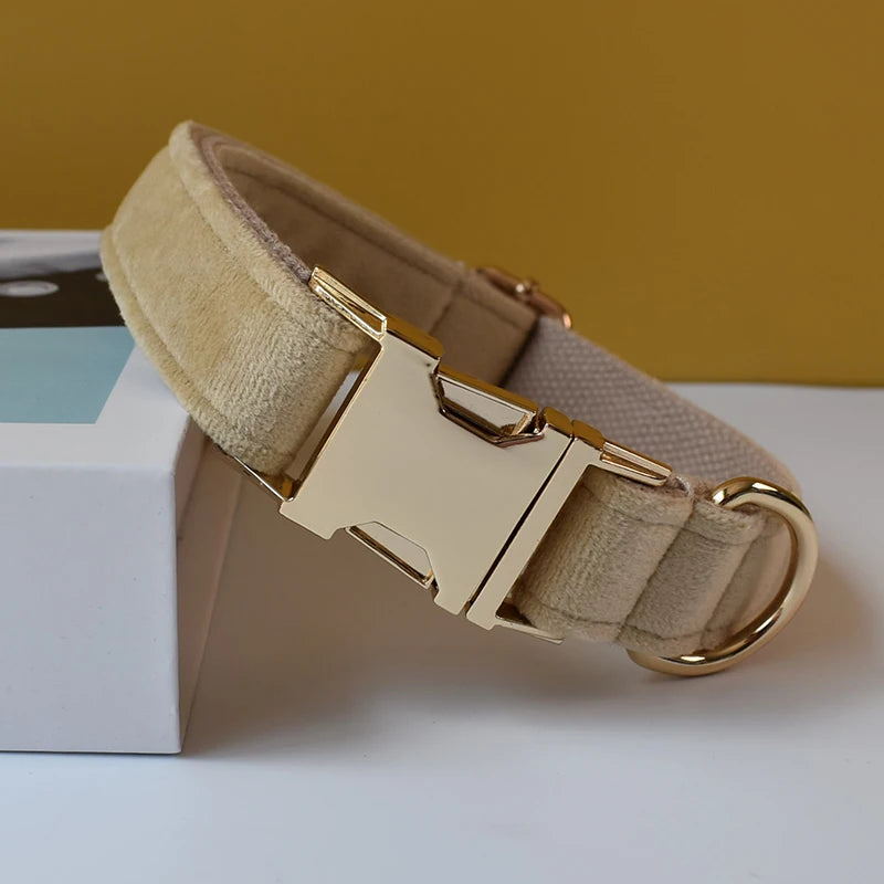 Light Beige Velvet Dog Collar – Personalised with Optional Set