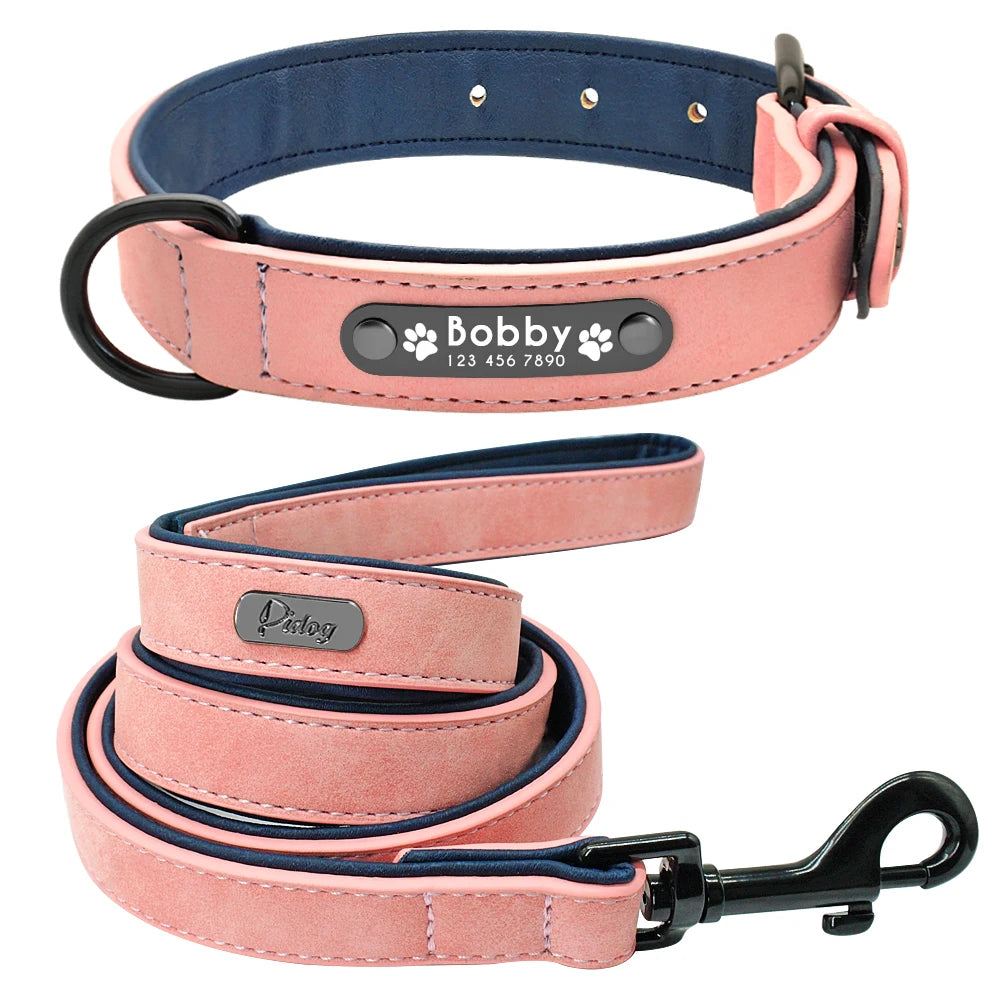 Gepersonaliseerde hondenhalsband van imitatieleer - gegraveerd naamplaatje, optionele riem, S - XXL