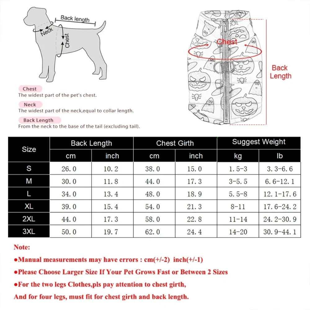 Measurement chart for dog clothing with labeled parts and size guide.