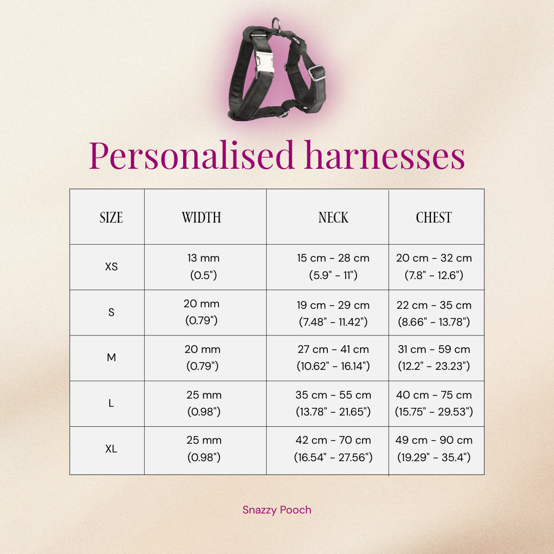 Size chart for dog harnesses