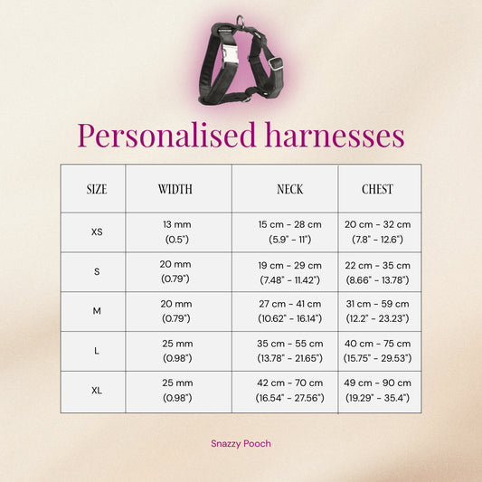 Size chart for dog harnesses