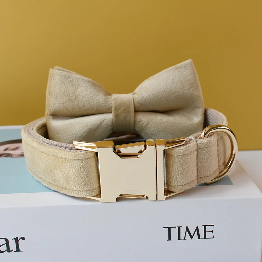Light Beige Velvet Dog Collar – Personalised with Optional Set