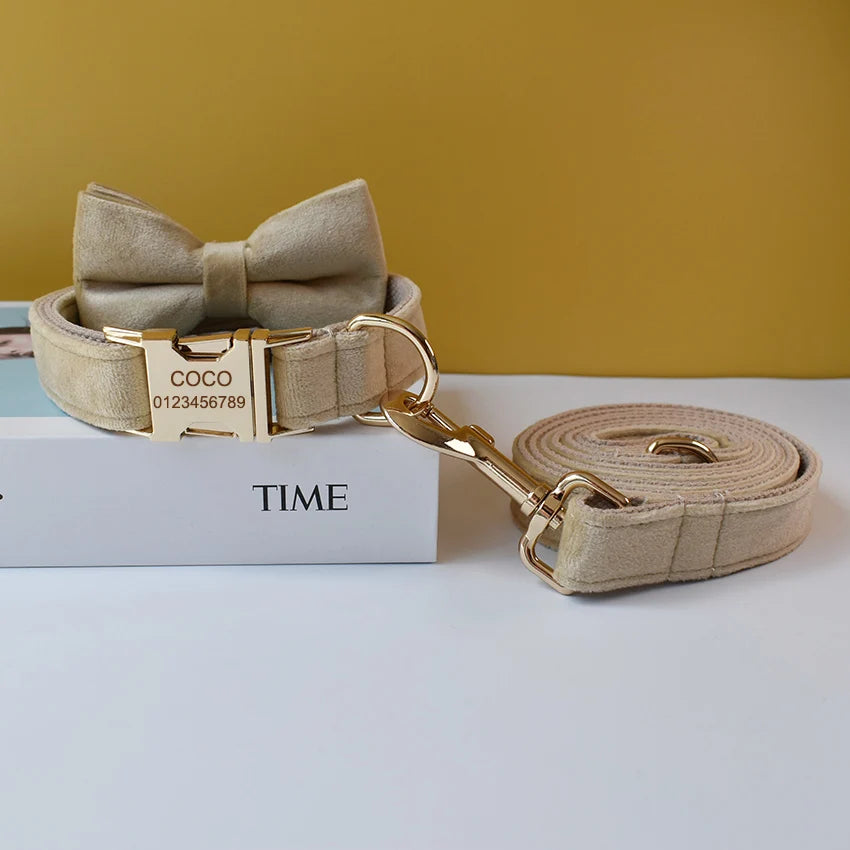 Light Beige Velvet Dog Collar – Personalised with Optional Set