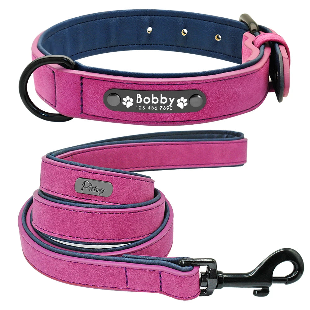 Gepersonaliseerde hondenhalsband van imitatieleer - gegraveerd naamplaatje, optionele riem, S - XXL