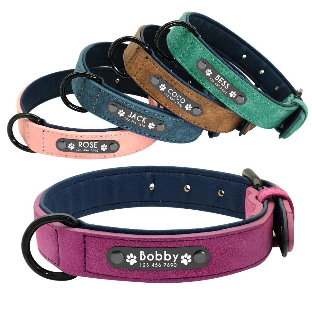 Gepersonaliseerde hondenhalsband van imitatieleer - gegraveerd naamplaatje, optionele riem, S - XXL