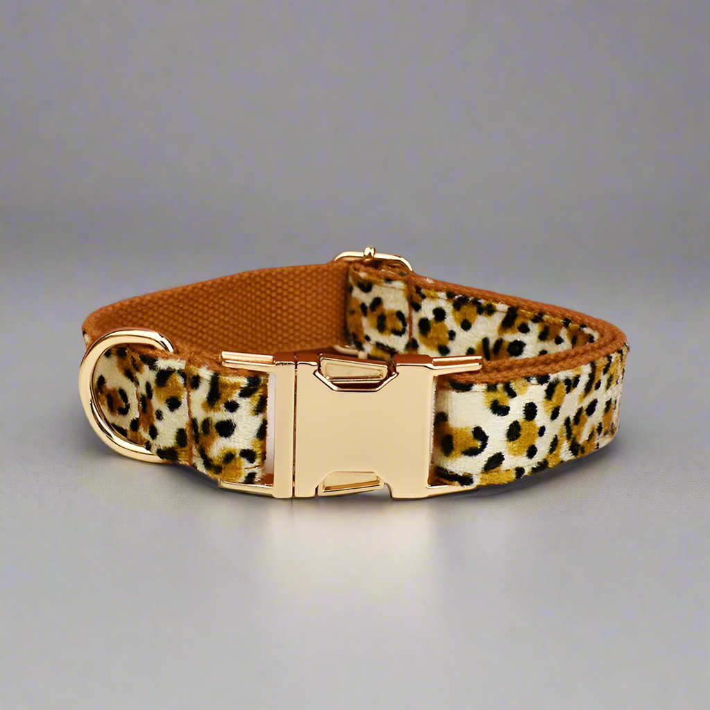 leopard print pattern dog collar with engraveable metal buckle in gold