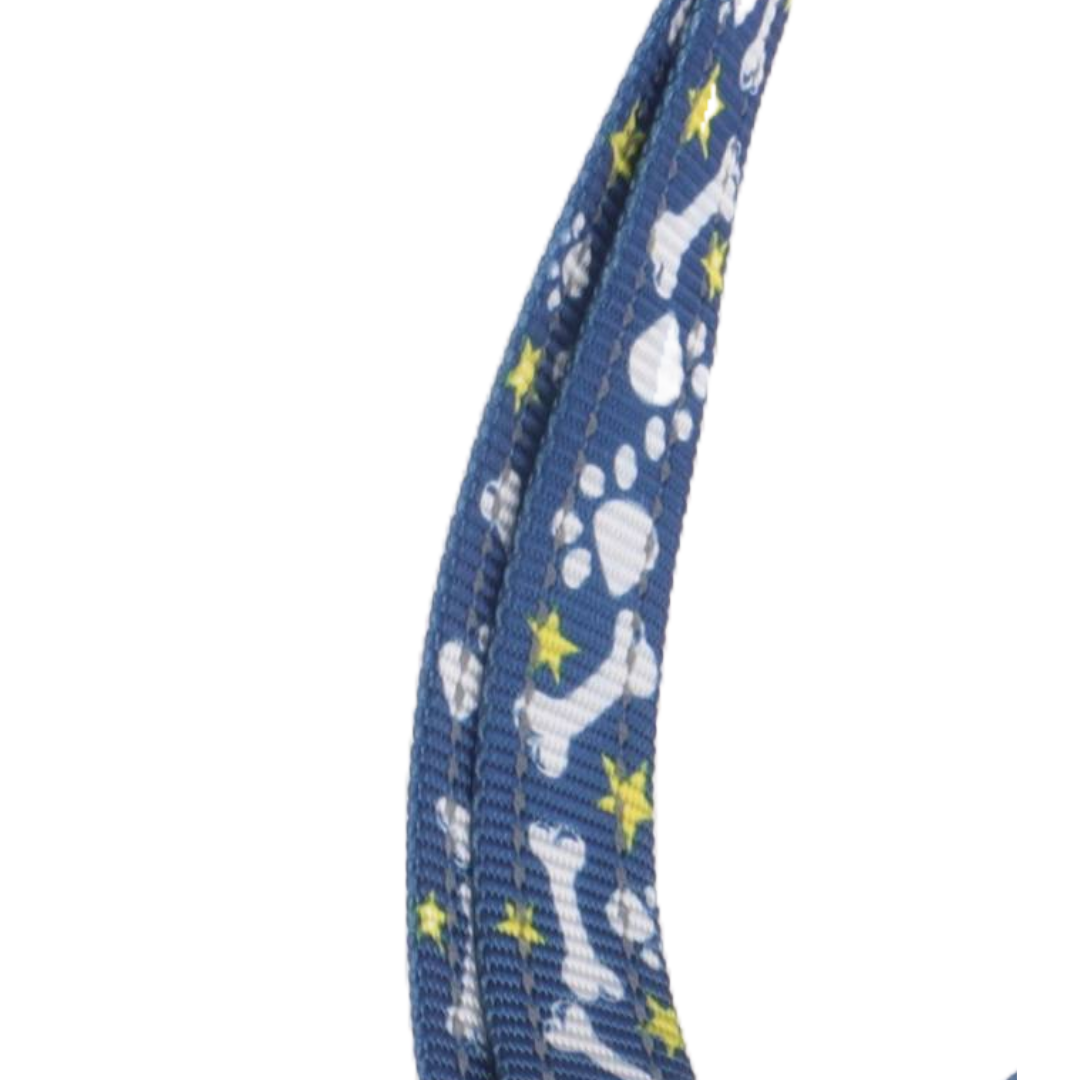Close-up of a blue dog leash with paw prints and bone designs.