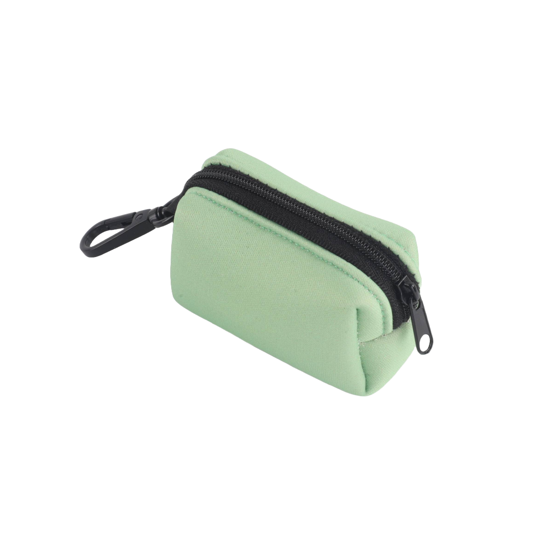 Light green zipper pouch with a clip.