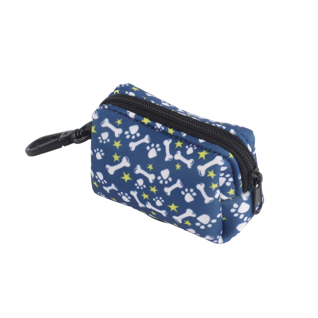 Blue dog bone- and paw-print poop bag holder.