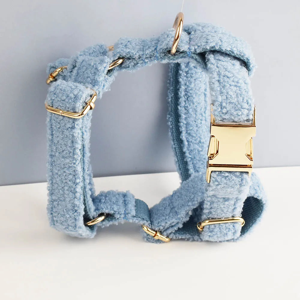 Handmade Teddy Fabric Pastel Blue Pet Harness with Gold Hardware