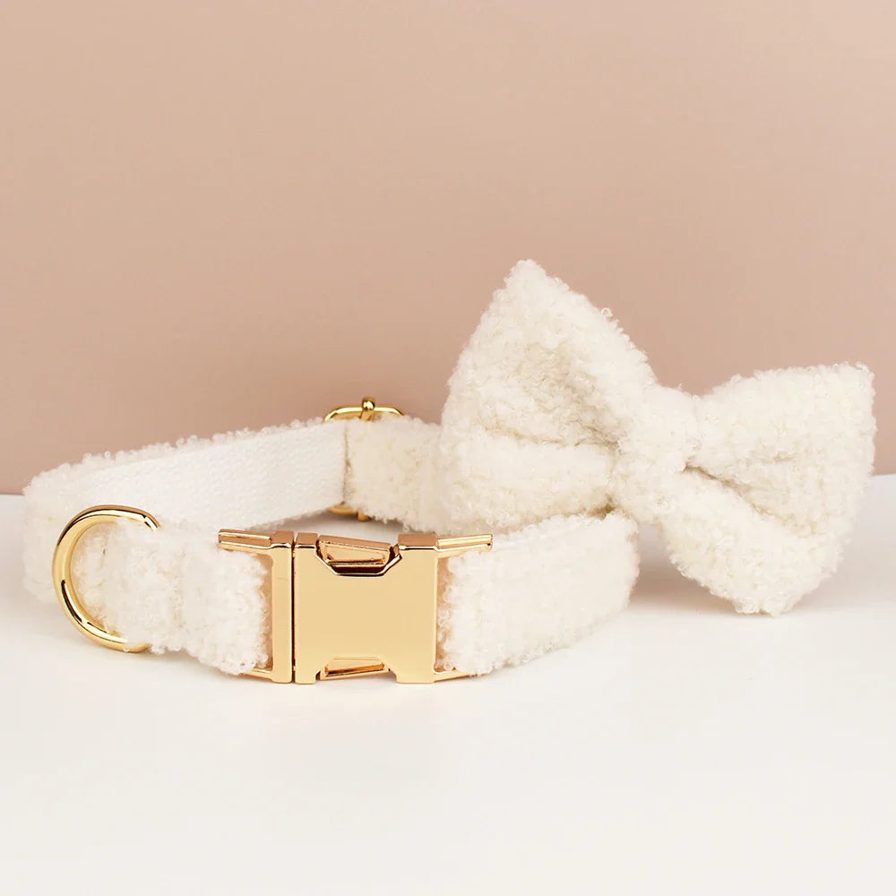 "Wedding Tails" Teddy Fabric Dog Harness Set in white with bowtie and gold-tone hardware.