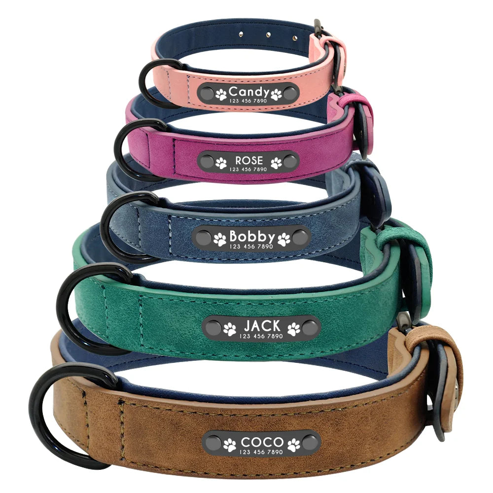 Gepersonaliseerde hondenhalsband van imitatieleer - gegraveerd naamplaatje, optionele riem, S - XXL