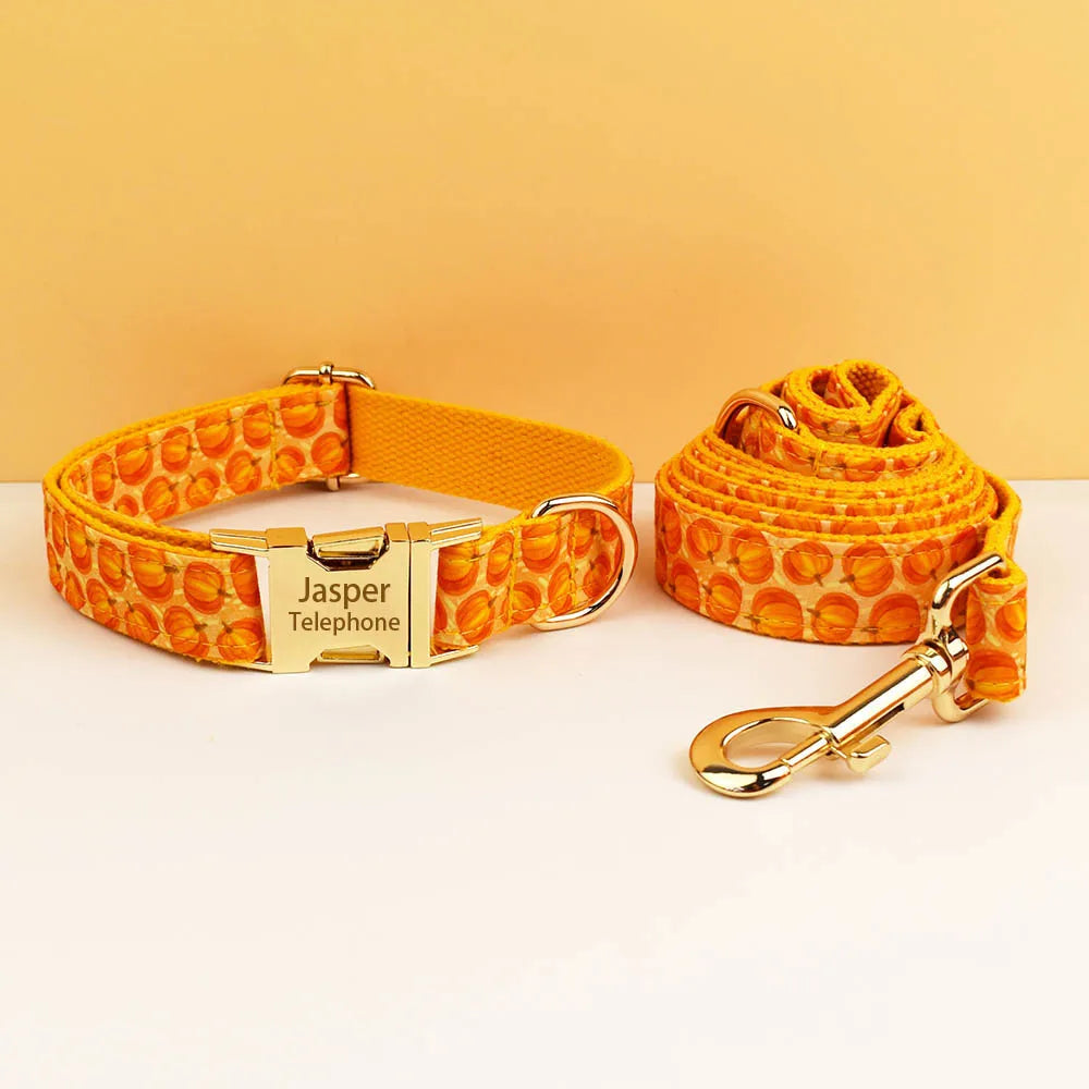 Pumpkin Patch Dog Collar & Harness Set – Premium Engraved 4-Piece Bundle or Individual Options (XS–XL)