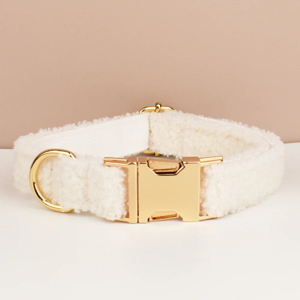 Wedding Tails Teddy Fabric Dog Collar with Gold Hardware, Elegant and Luxurious Design.
