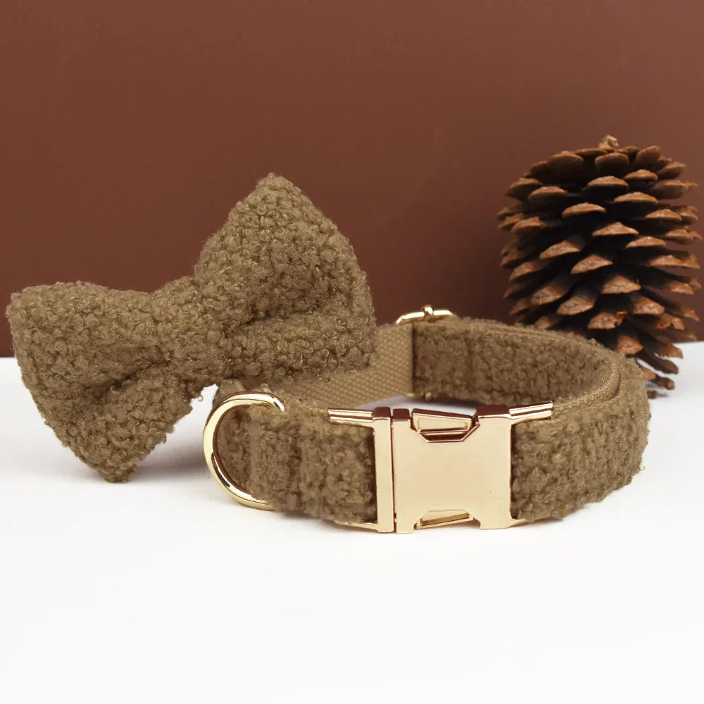 Teddy fleece personalised dog collar with detachable bow tie and quick release buckle, pinecone background.