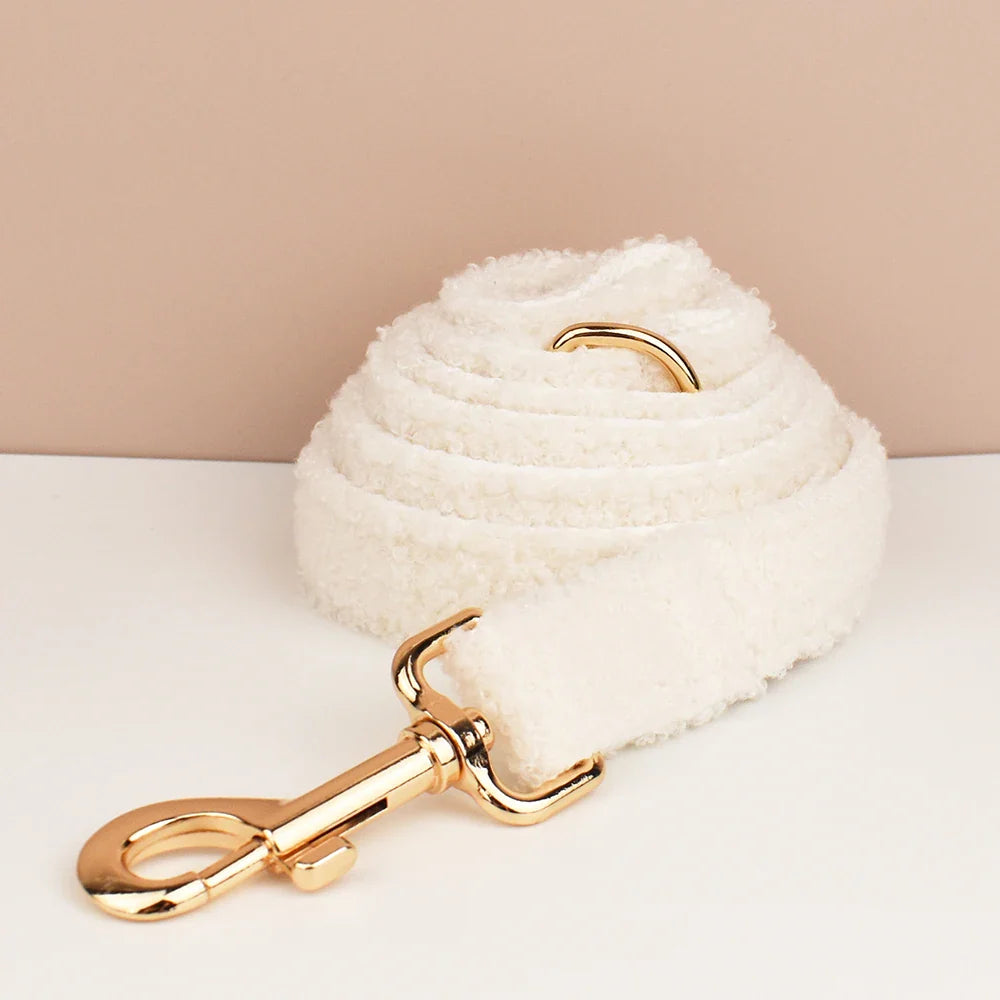 White "Wedding Tails" Teddy Fabric dog harness leash with gold-tone hardware.