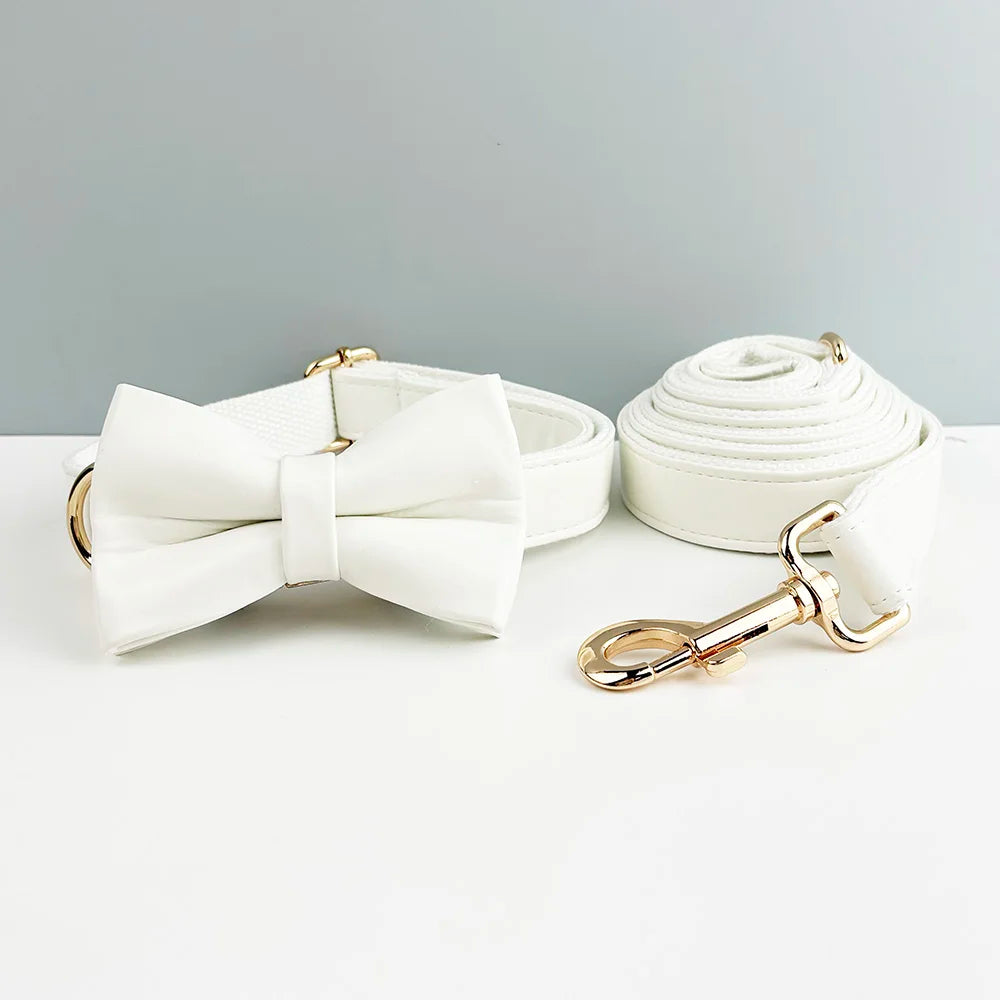 Handmade leather luxury pet collar with detachable bow tie and leash in white.