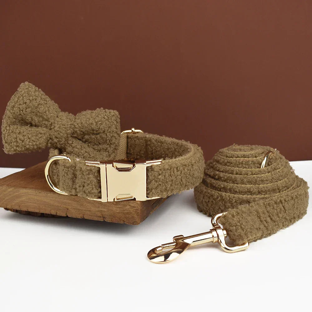 Teddy fleece personalised dog collar with detachable bow tie and optional lead set, high-quality polyester blend, customizable design, comfort fit.