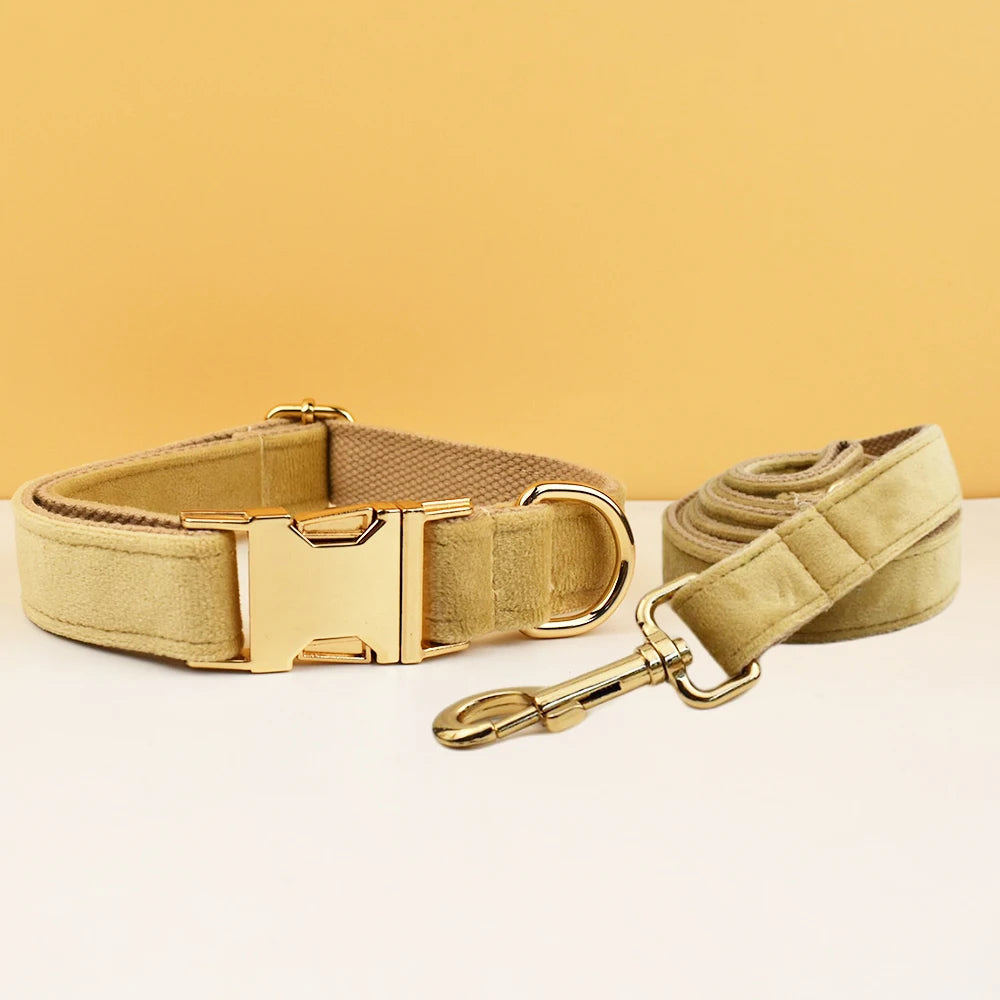 Light Beige Velvet Dog Collar – Personalised with Optional Set