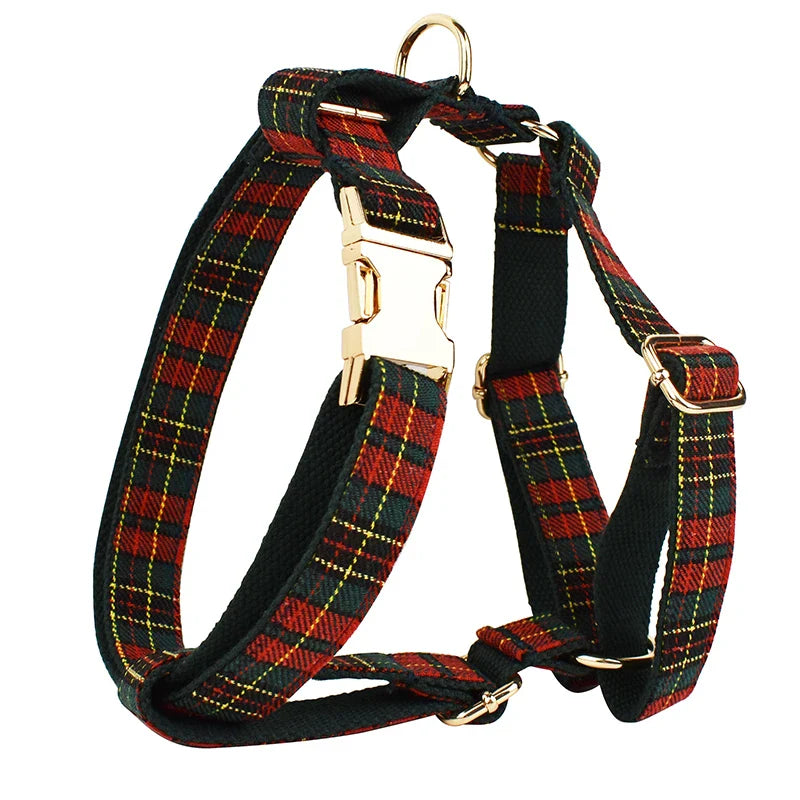 Luxury dog harness with American flag design and grid pattern, featuring quick release and padded features, suitable for all dog sizes.
