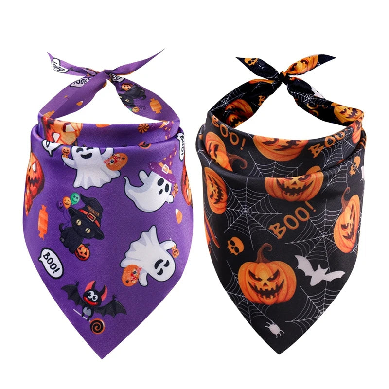 Halloween Dog Bandanas (Set of 2) – Pumpkin & Ghost Designs | Adjustable Pet Scarf for Dogs