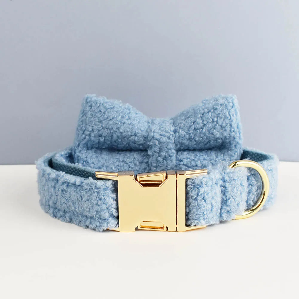 Teddy fleece personalised dog collar with detachable bow tie and lead set in soft blue.