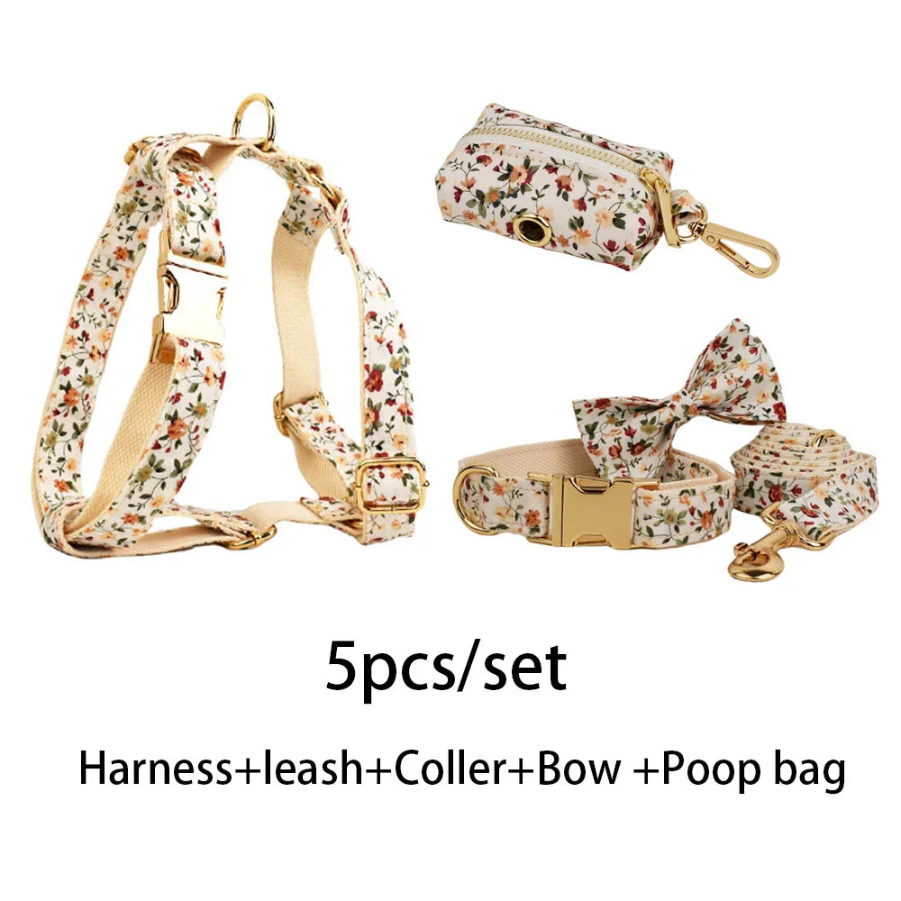 Springtime Bloom dog harness set with leash, collar, bow tie, and poop bag holder, featuring floral design and engravable option.