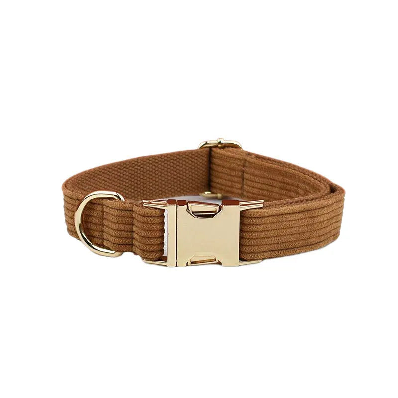 Luxury caramel corduroy dog collar with gold buckle, engravable and handmade for comfort and style.