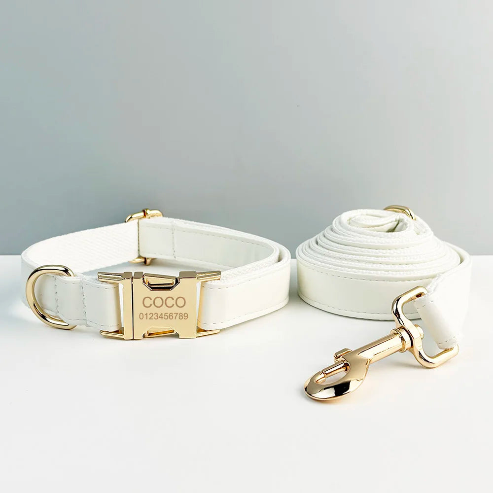 Handmade Leather Luxury Pet Accessories in White with Engravable Dog Collar and Lead.