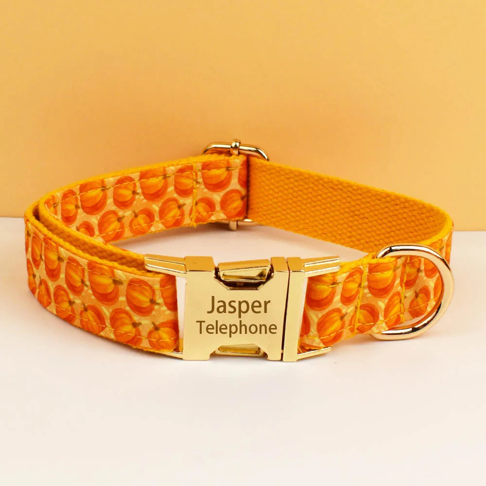 Pumpkin Patch Dog Collar & Harness Set – Premium Engraved 4-Piece Bundle or Individual Options (XS–XL)