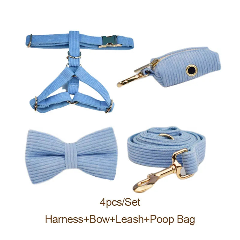 Personalised Blue Corduroy Dog Set – Choose Collar, Harness, Lead or Full Bundle