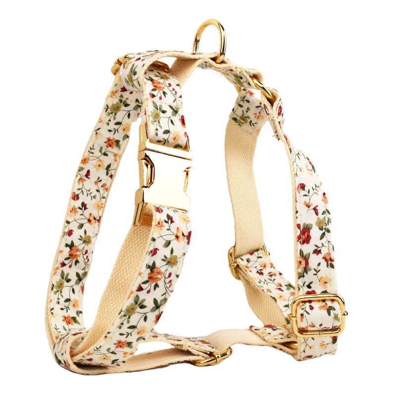Handmade soft cotton dog harness with floral design, customizable with pet's name.
