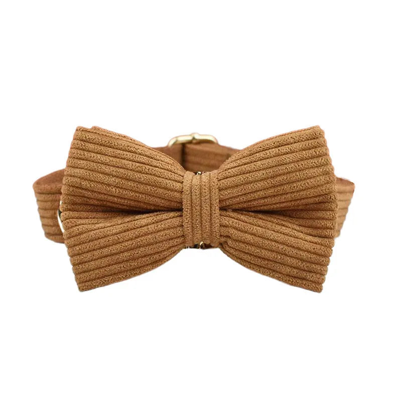 Caramel corduroy dog collar with an elegant bowtie, part of the luxury handmade pet accessories collection.