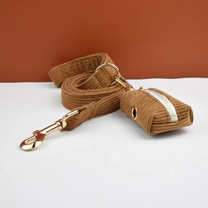 Caramel corduroy dog collar with luxury gold hardware and texturing.