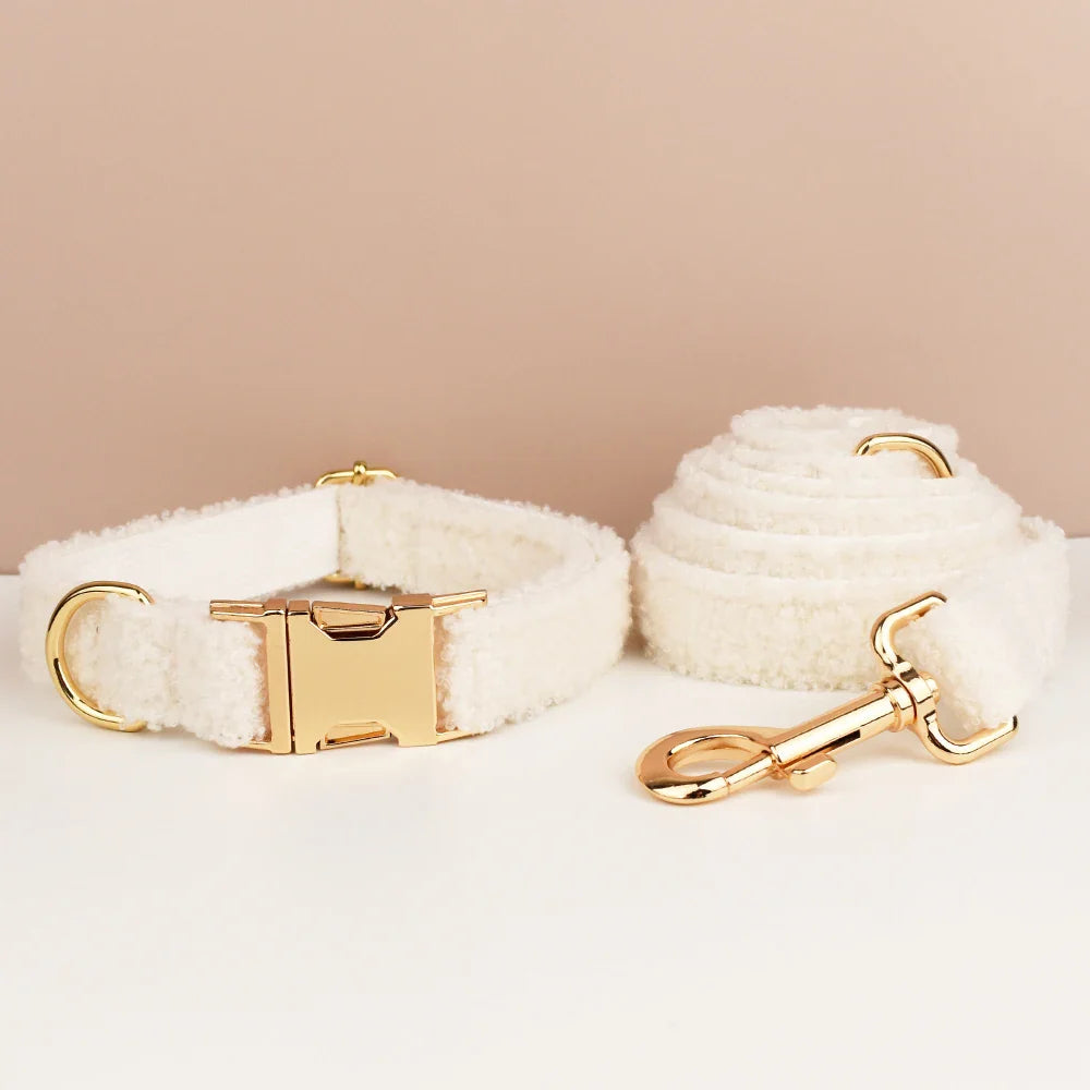 "Wedding Tails" Teddy Fabric Dog Harness and Leash Set with Gold Accents, White