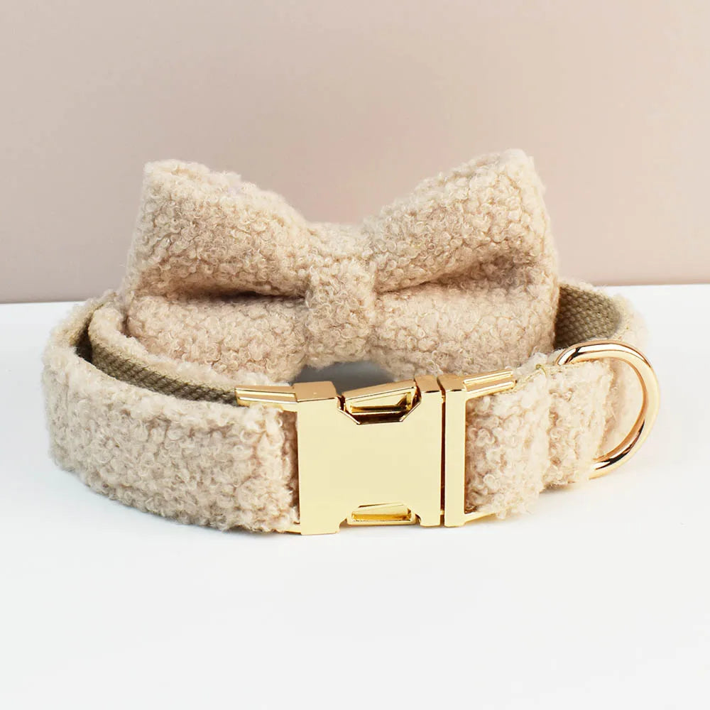 Teddy fleece personalised dog collar with optional lead and detachable bow tie.