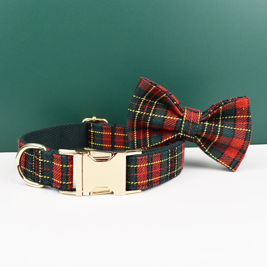 Luxury dog collar with American flag and plaid bow tie design.
