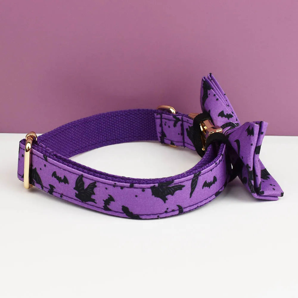 Vampire Nights Personalised Dog Collar & Harness Set – Halloween 4-Piece Pet Accessory with Engraved ID Tag, Lead & Bow Tie (XS–XL)