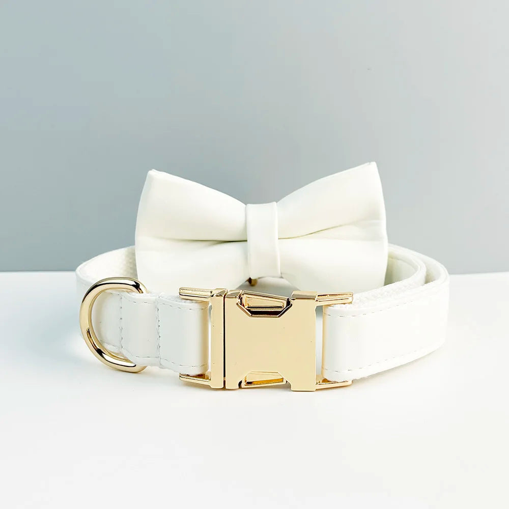 Handmade leather white pet collar with engravable buckle and optional bow tie.
