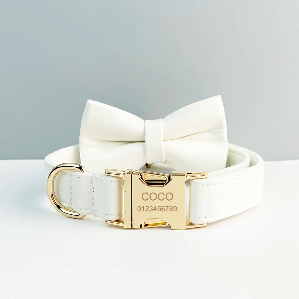 Luxury white handmade leather pet collar with engravable clasp and detachable bow tie.